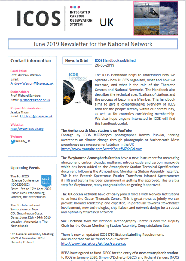 Image of the June 2019 ICOS-UK newsletter cover